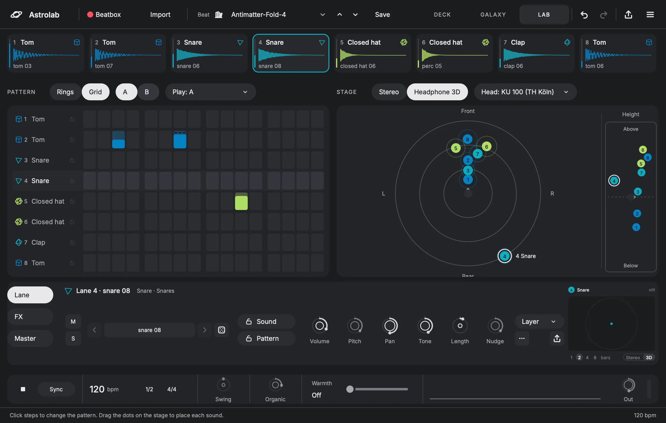 The Lab: a step grid with eight lanes on the left, and a round Headphone 3D stage with numbered dots on the right.